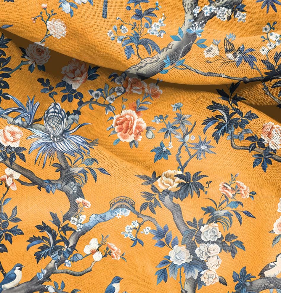 100% LINEN Fabric mustard toile de jouy print on linen, floral fabric with trees and birds, French linen floral upholstery