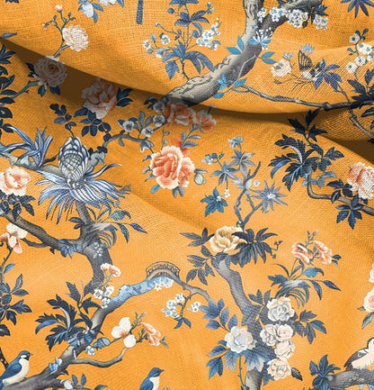 100% LINEN Fabric mustard toile de jouy print on linen, floral fabric with trees and birds, French linen floral upholstery