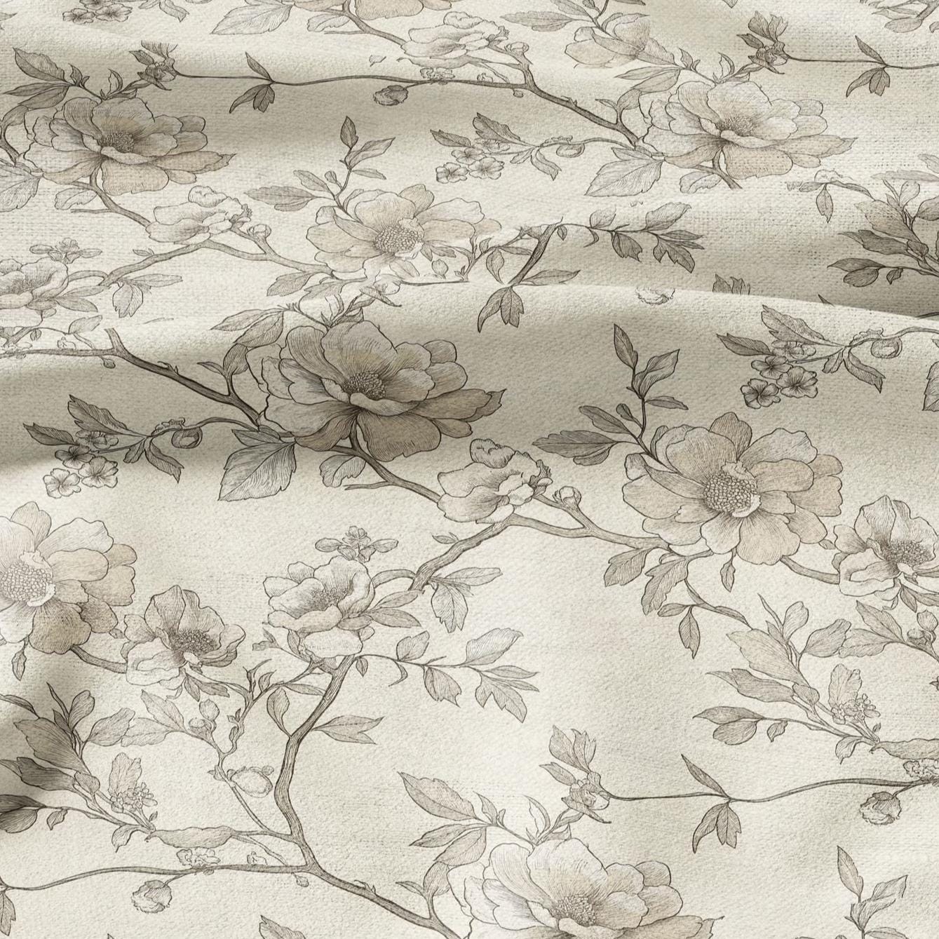 100% LINEN Fabric - beige Wild roses blossom print on white linen - floral botanical French Provence - upholstery sewing dress 2200