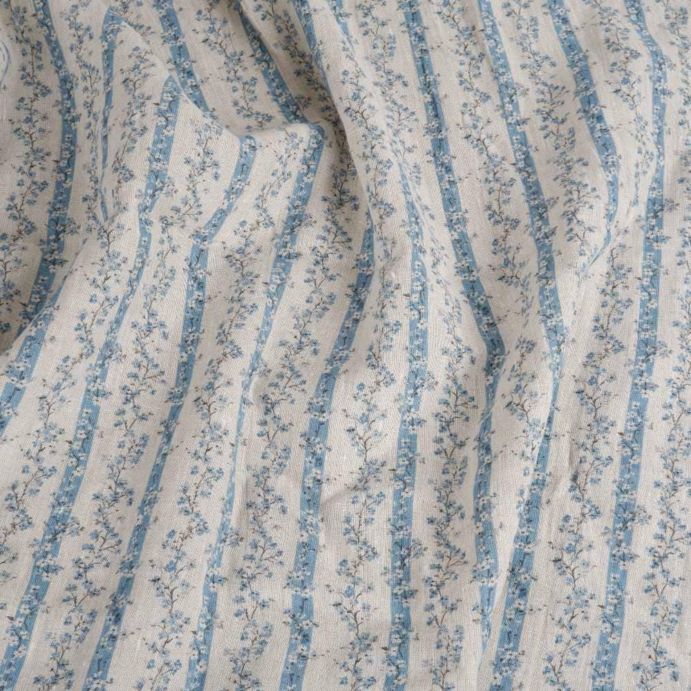 100% LINEN Fabric floral stripe block print on oatmeal linen - blue gray heavy fabric for upholstery - medium weight linen dress making 2502