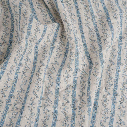 100% LINEN Fabric floral stripe block print on oatmeal linen - blue gray heavy fabric for upholstery - medium weight linen dress making 2502