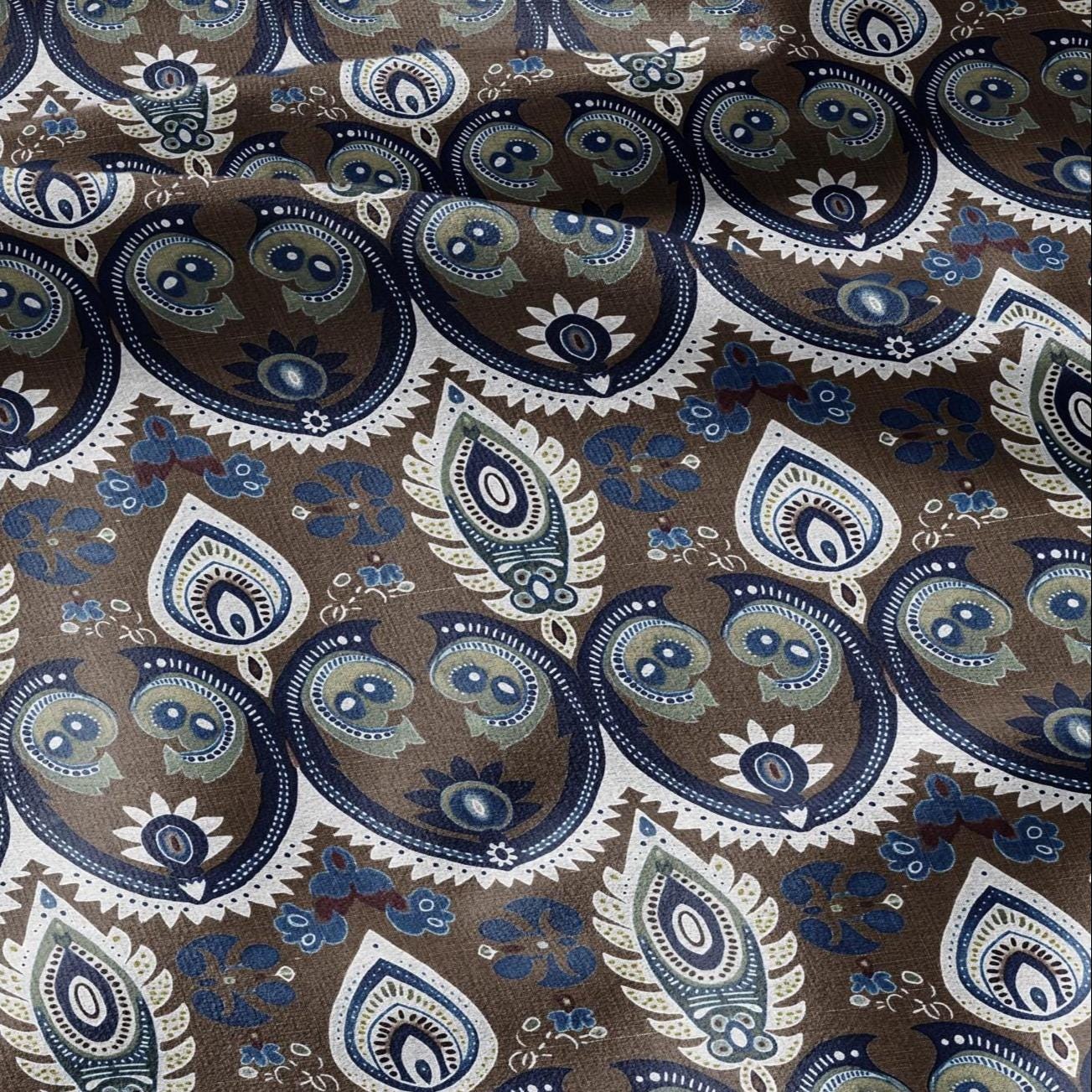 100% linen Vintage Brown Paisley Print fabric for Curtain Upholstery Cushion - Vintage Indian block print fabric for dress making sewing