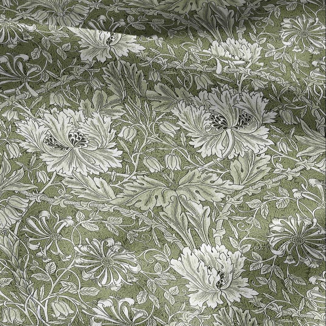 100% linen fabric William Morris Honeysuckle green print - Victorian Art crafts - Historical pattern fabric upholstery dress making 3273