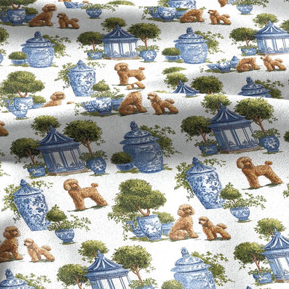 100% linen fabric poodle dog print - Vintage toile de jouy blue green botanical  - Historical chinoiserie topiary 3348
