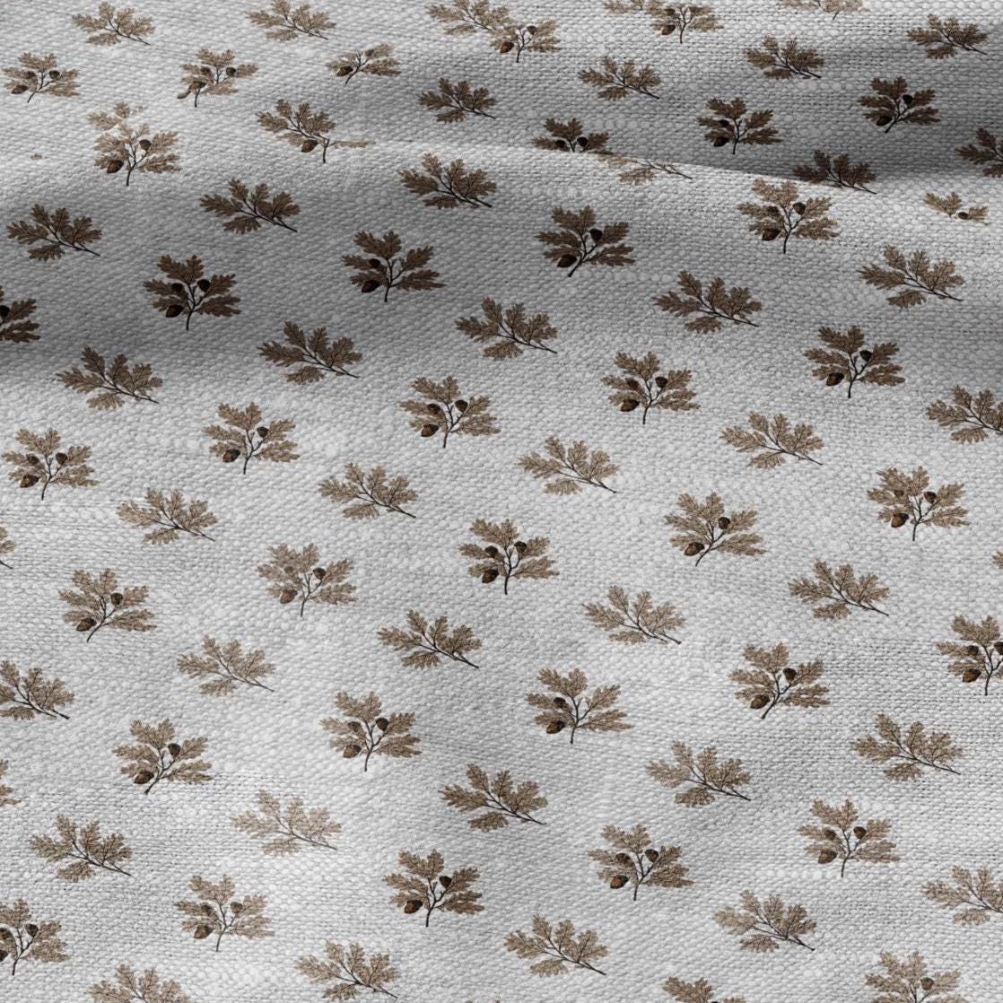 100% LINEN Fabric print Oak leaves - oatmeal linen fabric with floral print - heavy for upholstery home decor clothing 3113