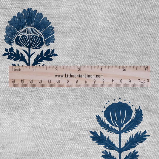100% LINEN Fabric blue flower -  indian floral block print on oatmeal linen for home decor sewing dress clothing 2916