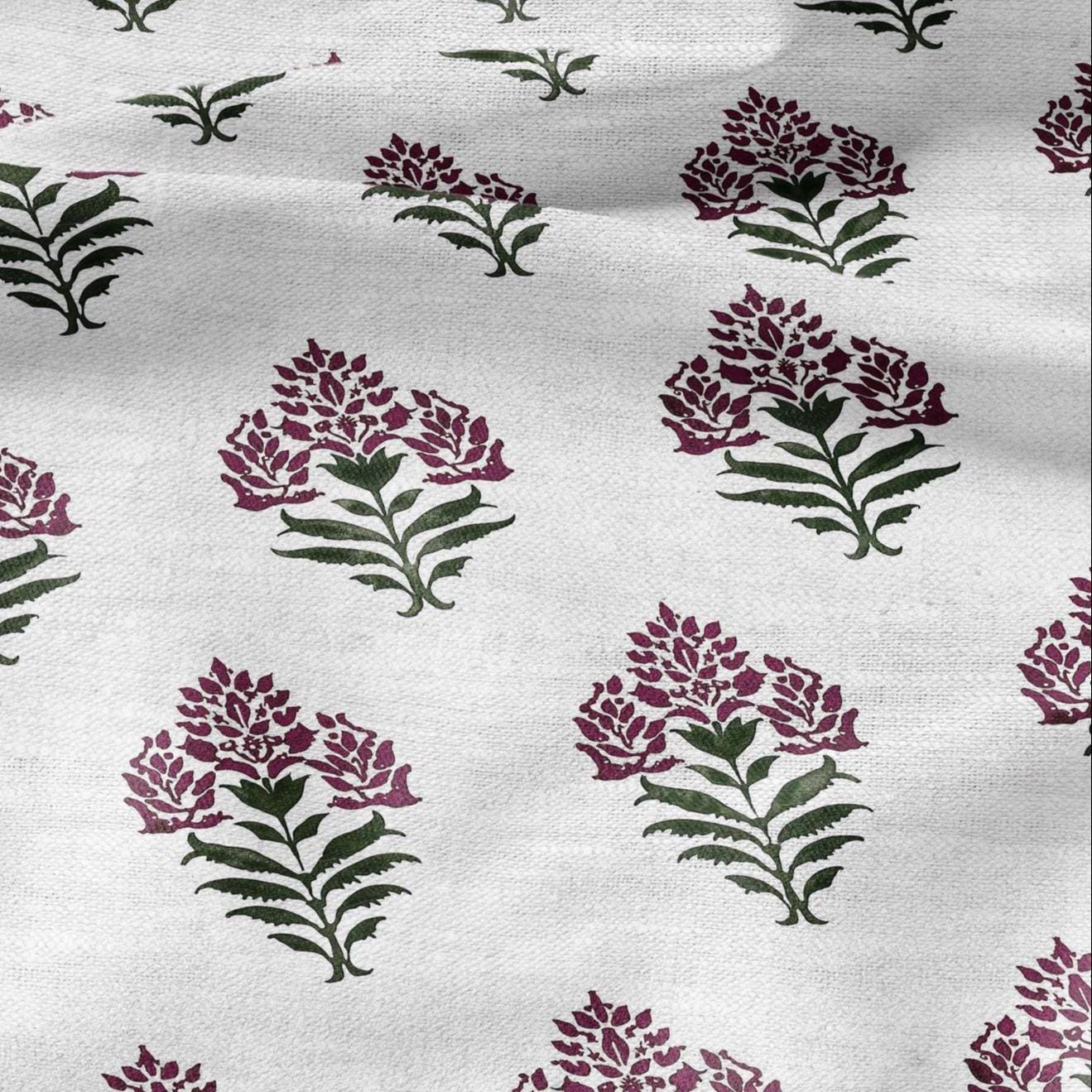 100% LINEN Fabric Block print Parijat flower - botanical upholstery home textile artisan fabrics red green white 2752