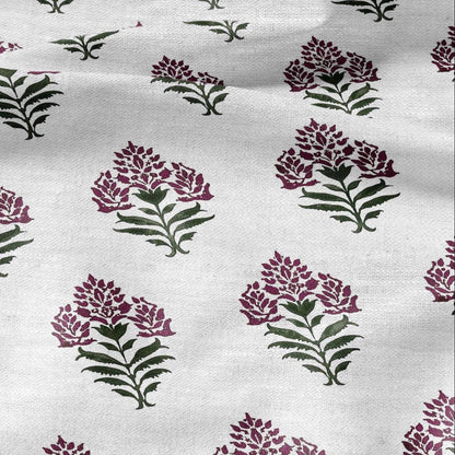 100% LINEN Fabric Block print Parijat flower - botanical upholstery home textile artisan fabrics red green white 2752