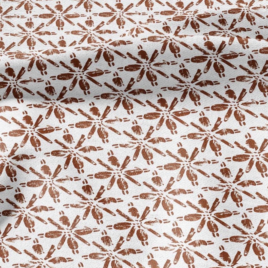 100% LINEN Fabric floral print - Grandmillennial brick red - Modern vintage flower block print upholstery curtains dress making 2928