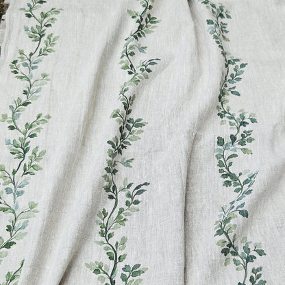 100% LINEN Fabric Striped floral print - block print green leaves on oatmeal linen for upholstery curtains dress making 2668