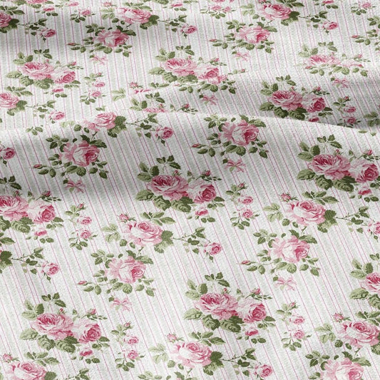100% LINEN Fabric Vintage roses stripe print - retro pink green white  - for upholstery home decor - medium for dress making 2866