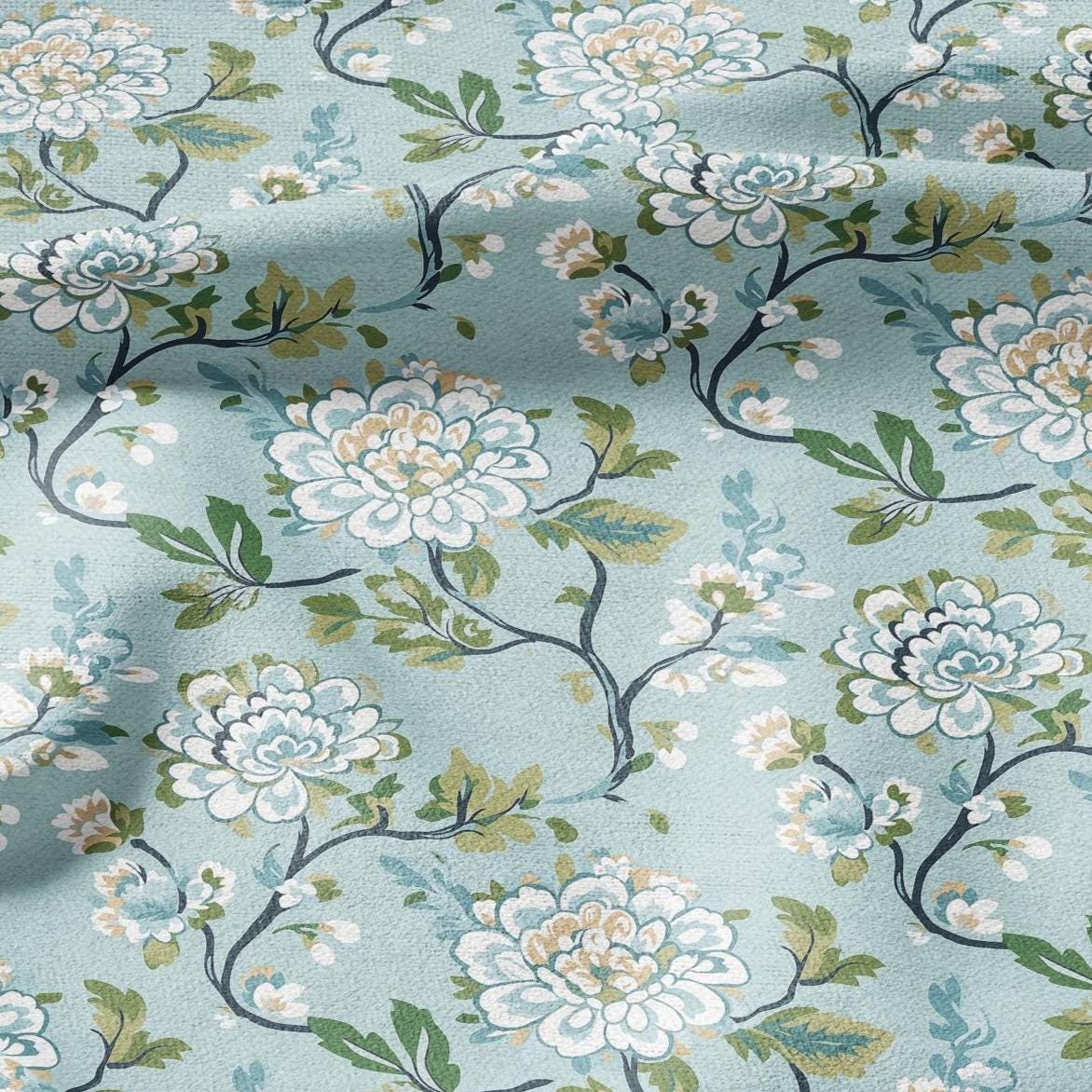 100% LINEN Fabric Chinoiserie Blossom print - modern contemporary print on linen fabric upholstery dress making curtains