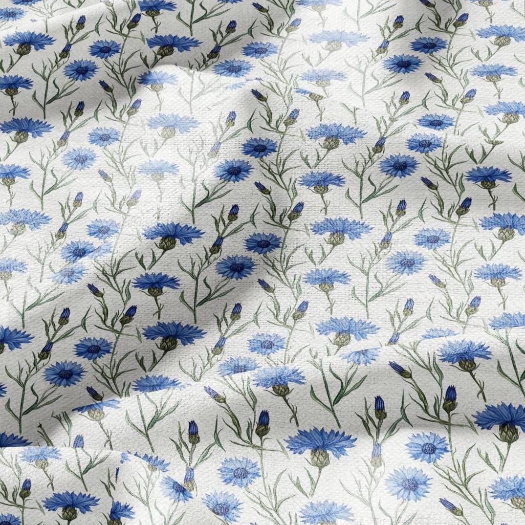 100% LINEN Fabric Block print Cornflower flower - floral upholstery home textile artisan fabrics blue green white 3039