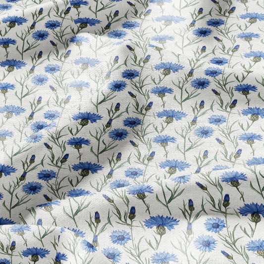 100% LINEN Fabric Block print Cornflower flower - floral upholstery home textile artisan fabrics blue green white 3039