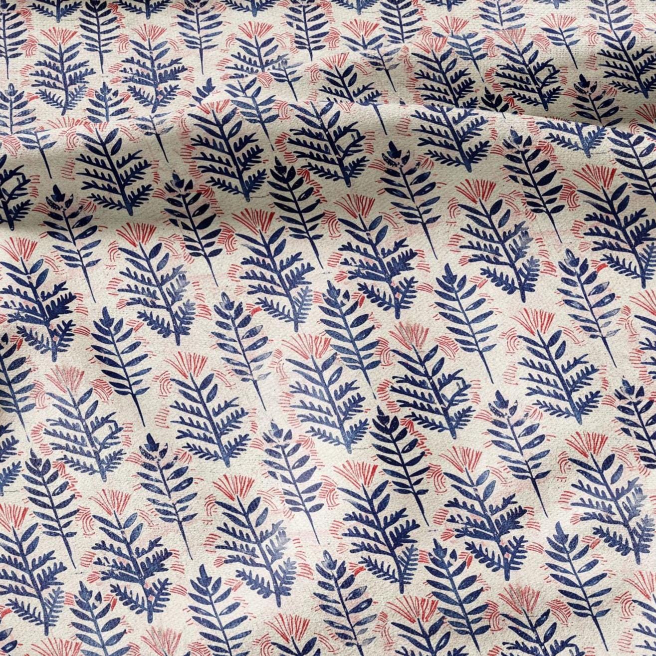 100% LINEN Fabric oriental print - Boho pink blue floral block print - upholstery home decor clothing  sewing 2391