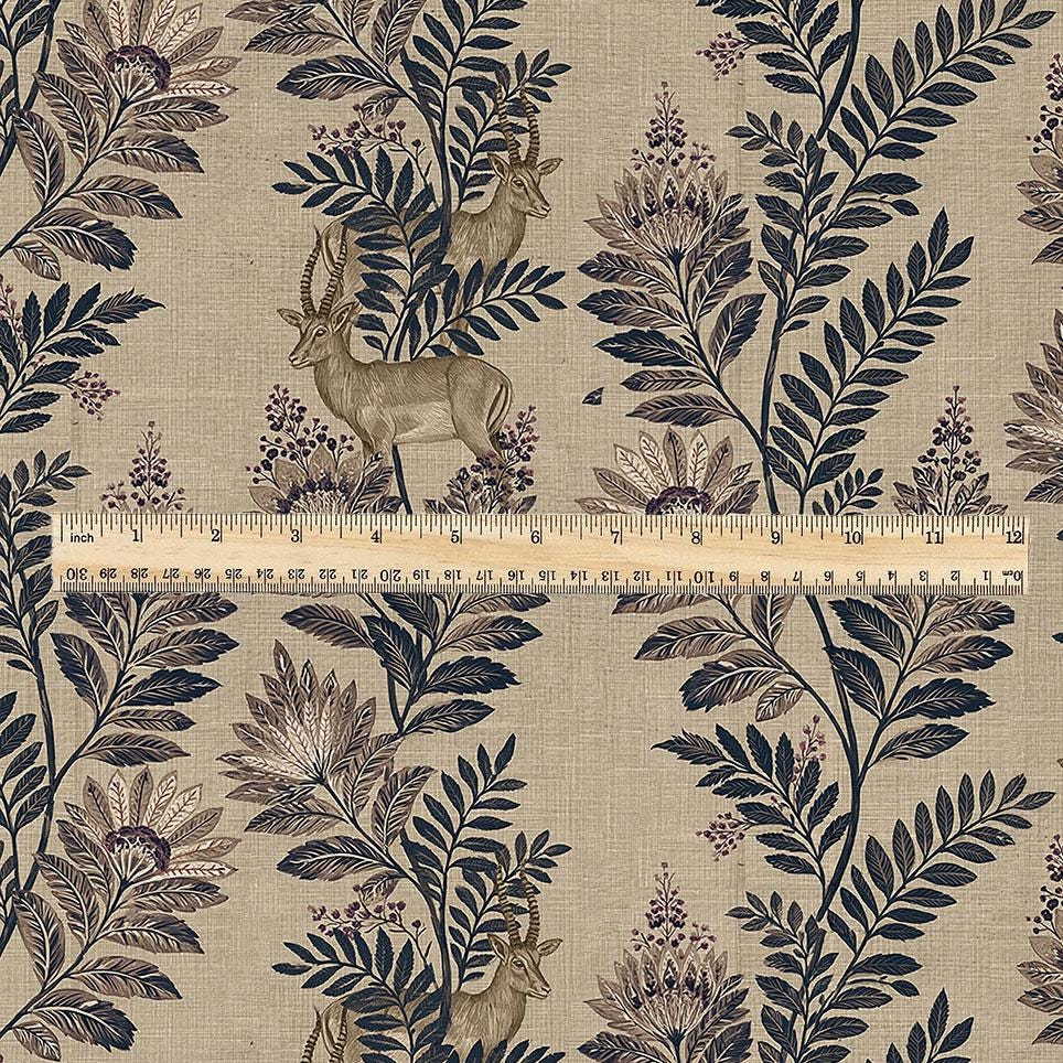 100% LINEN Fabric Woodland - Brown floral print with Antelope Eland Neutral Fabric by the Yard by LithuanianLinen 3787
