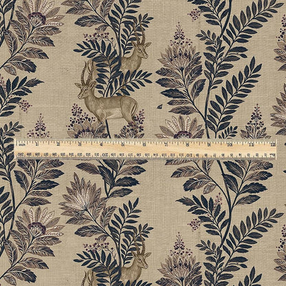 100% LINEN Fabric Woodland - Brown floral print with Antelope Eland Neutral Fabric by the Yard by LithuanianLinen 3787