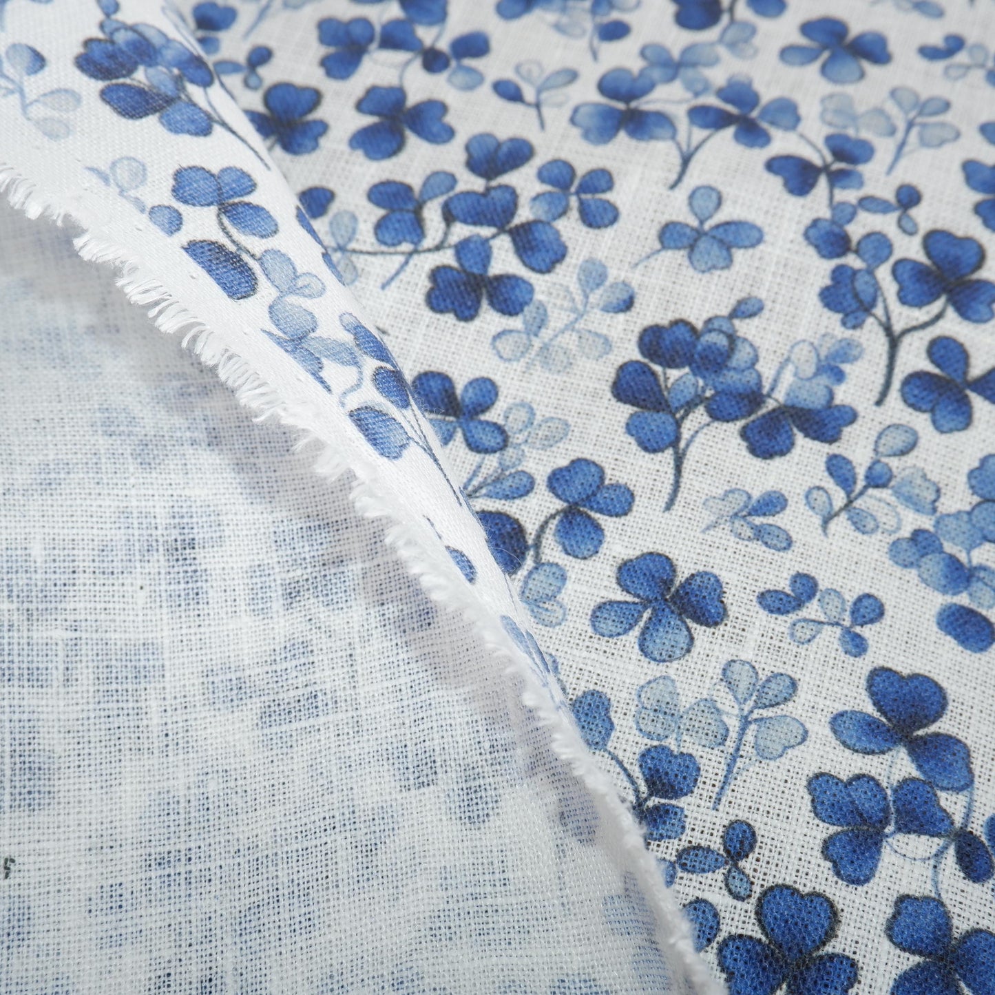 100% LINEN Fabric Blue Clover print - modern floral contemporary print on linen fabric upholstery dress making curtains