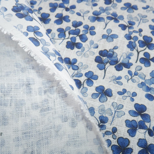 100% LINEN Fabric Blue Clover print - modern floral contemporary print on linen fabric upholstery dress making curtains