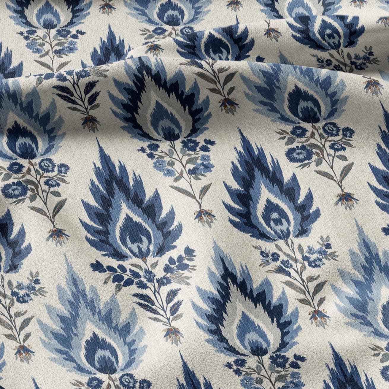 100% linen fabric Blue Ivory ikat floral print - Botanical artisanal Pattern - Ornate Home Decor 3456