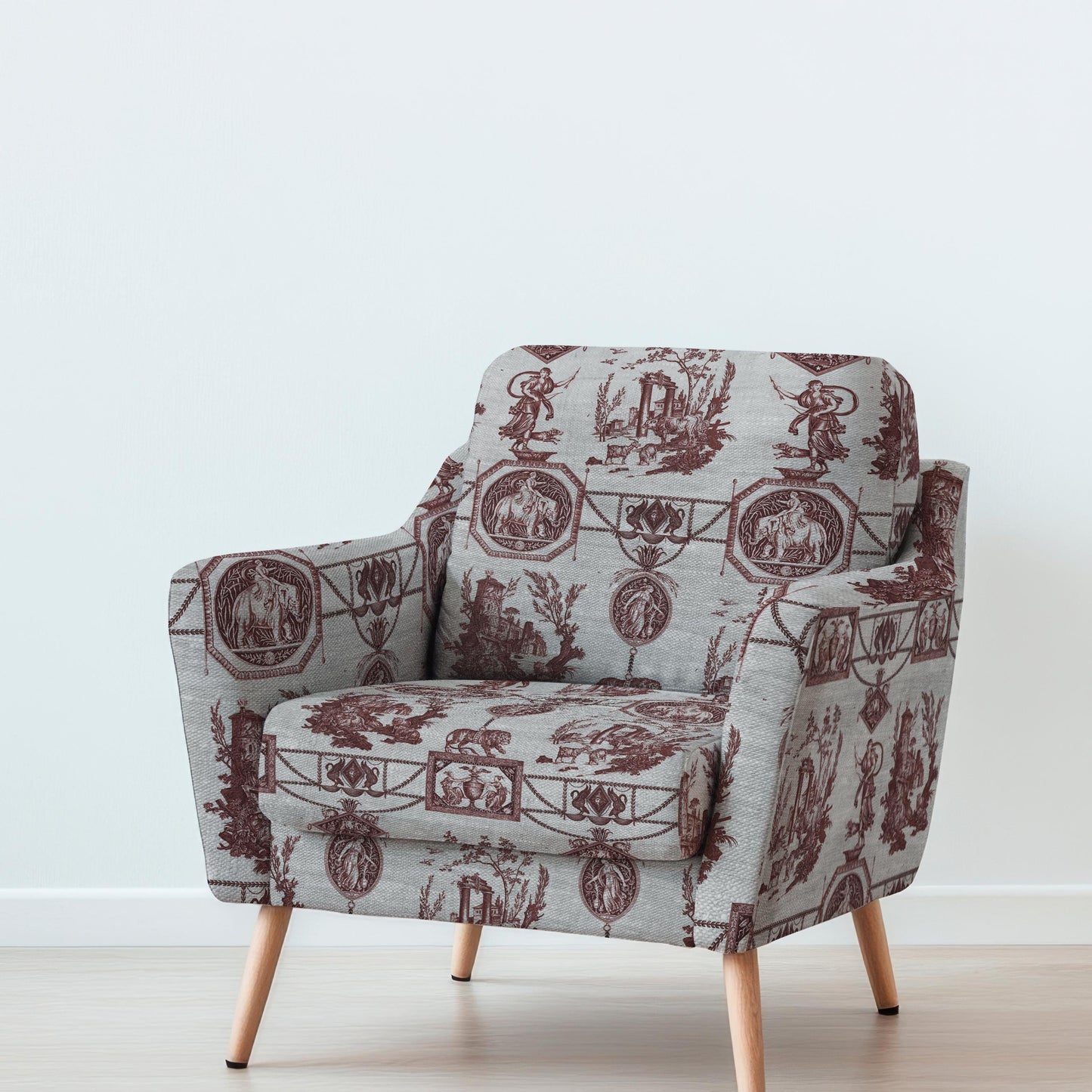 100% LINEN Fabric french red print oatmeal - Goddess Diana with Lion - toile de jouy - Diane chasseresse by Jean-Baptiste Huet 3419