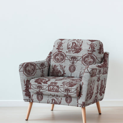 100% LINEN Fabric french red print oatmeal - Goddess Diana with Lion - toile de jouy - Diane chasseresse by Jean-Baptiste Huet 3419