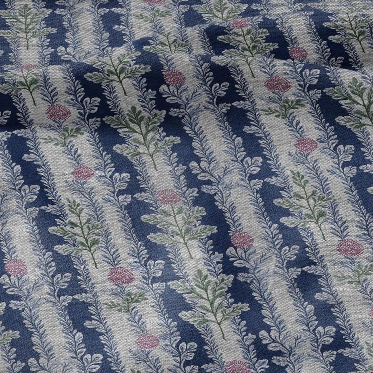 100% LINEN Fabric blue floral blossom print - oatmeal linen fabric with stripe botanical print - modern vintage 3092
