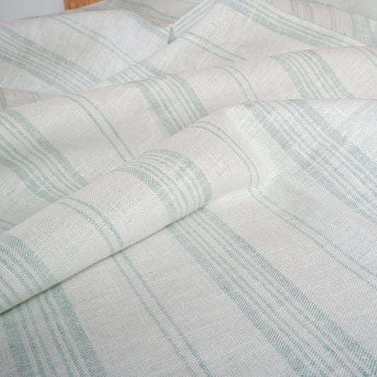 Premium Linen striped Fabric in green white | Heavy weight French country stripes in green white