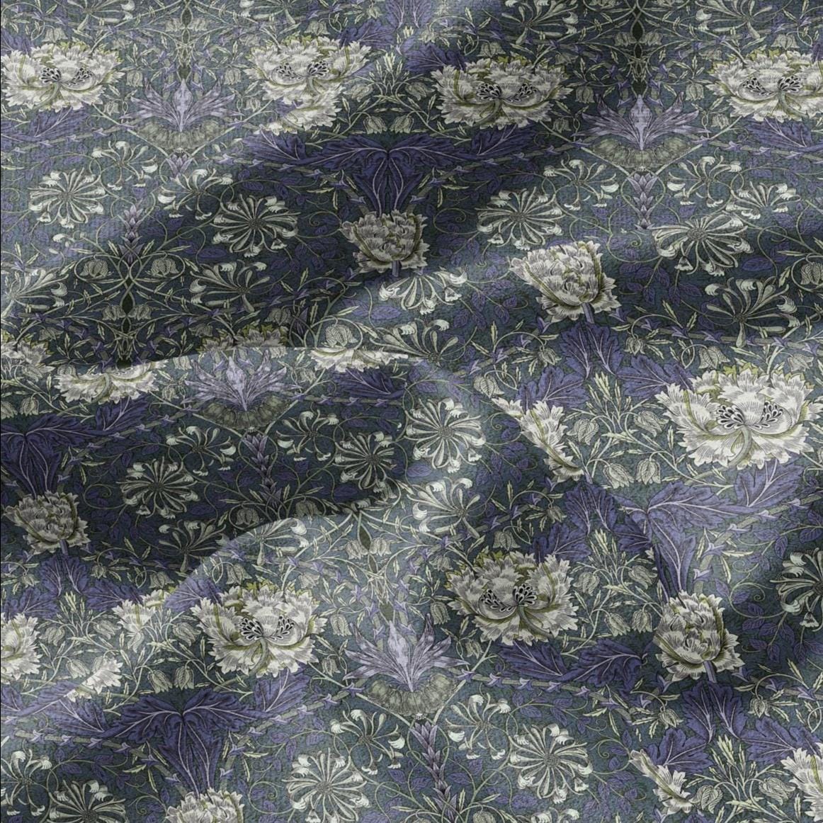 100% linen fabric William Morris Honeysuckle blue green print - Victorian Art crafts Historical pattern fabric upholstery dress making 3297
