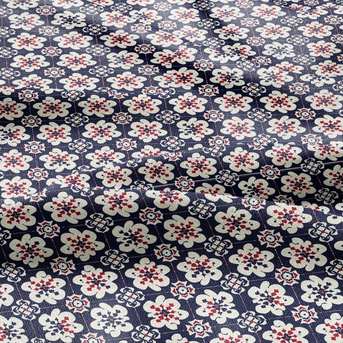 100% LINEN Fabric block print Korean Flower - red blue indigo floral print - heavy upholstery home decor - medium for clothing 2601