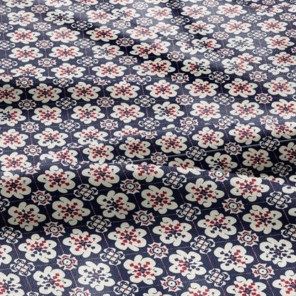 100% LINEN Fabric block print Korean Flower - red blue indigo floral print - heavy upholstery home decor - medium for clothing 2601