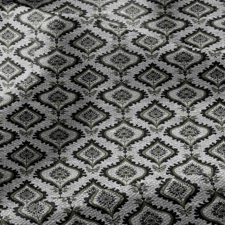 100% LINEN Fabric dark green block print - geometric modern vintage botanical 3418