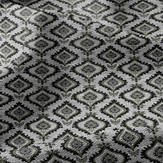 100% LINEN Fabric dark green block print - geometric modern vintage botanical 3418