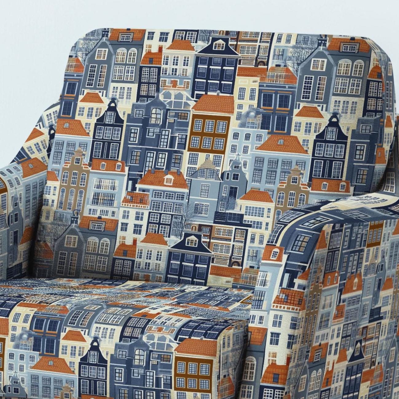 100% LINEN Fabric UPHOLSTERY 12oz - Amsterdam houses on linen - Holland Grandmillenial - landscape upholstery 2264
