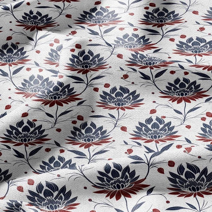 100% LINEN Fabric Block print Lotus blosoom - modern vintage botanical flower upholstery home textile artisan blue red white 2322