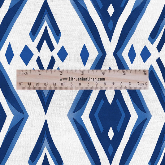 100% LINEN Fabric indigo blue geometric retro block print - modern vintage abstract fabric for upholstery or home decor 2747