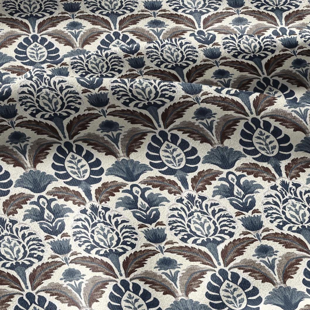 100% linen fabric Blue Brown Indian Block Print - Large Scale Botanical Damask Pattern for Upholstery Curtains Home Decor 3432