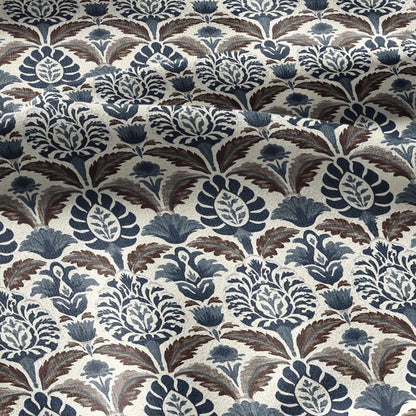 100% linen fabric Blue Brown Indian Block Print - Large Scale Botanical Damask Pattern for Upholstery Curtains Home Decor 3432