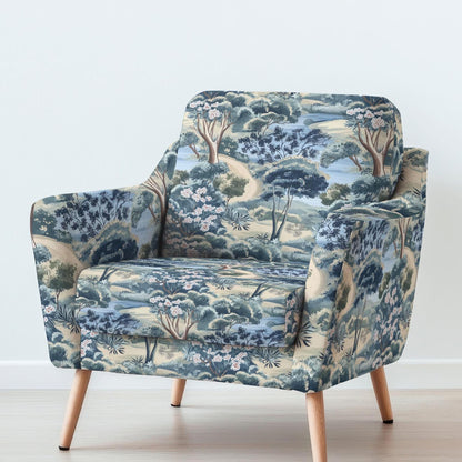 100% LINEN Fabric UPHOLSTERY 12oz - Fairy forest landscape blue green print on linen - tree blossom scenery floral upholstery 2280