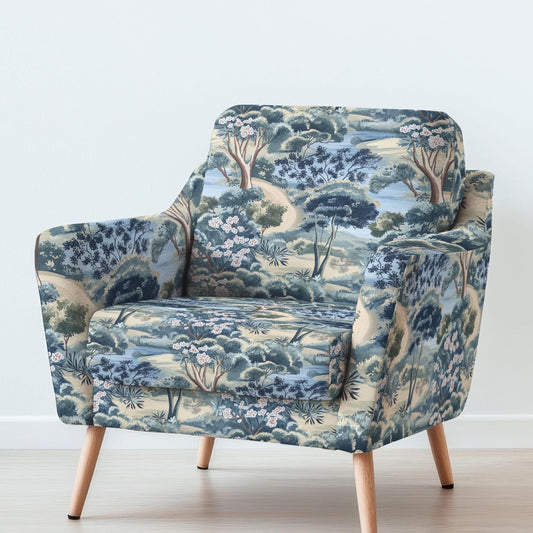 100% LINEN Fabric UPHOLSTERY 12oz - Fairy forest landscape blue green print on linen - tree blossom scenery floral upholstery 2280