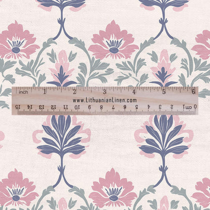 100% LINEN Fabric oriental print - preppy pink floral block print - upholstery home decor clothing  sewing 2375