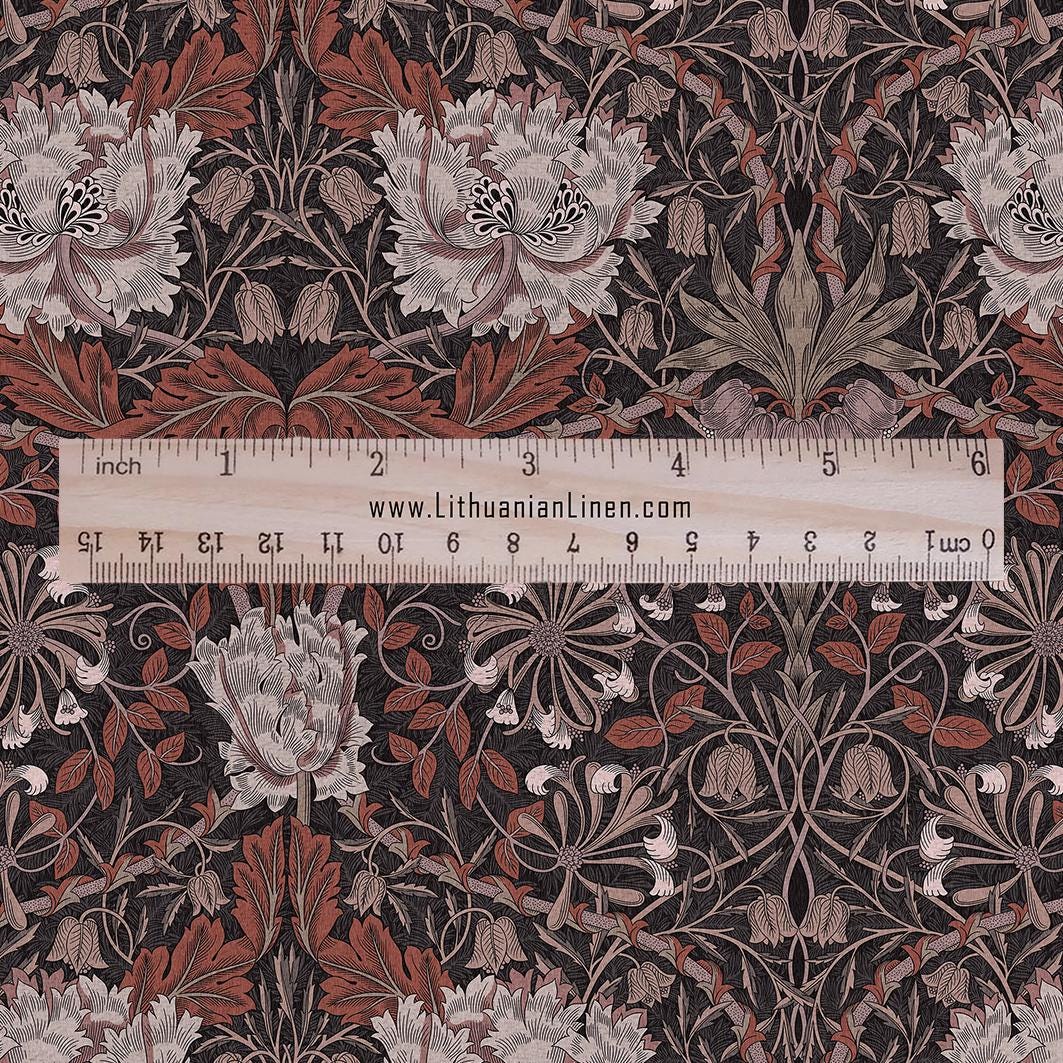 100% linen fabric William Morris Honeysuckle brown print - Victorian Art crafts - Historical pattern fabric upholstery dress making 2979B