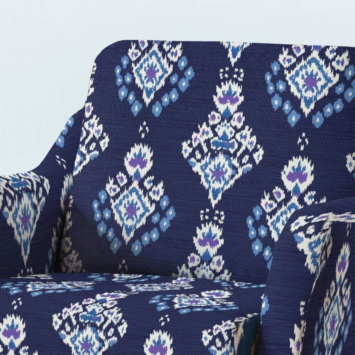 100% LINEN Fabric UPHOLSTERY 12oz - Ikat indigo blue - Modern Vintage Grandmillennial geometric upholstery 2977
