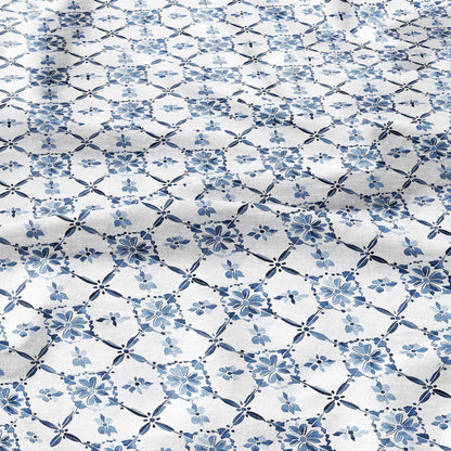 100% LINEN Fabric block print indigo blue white Swedish tile - scandinavian fabric with floral print - block print on linen