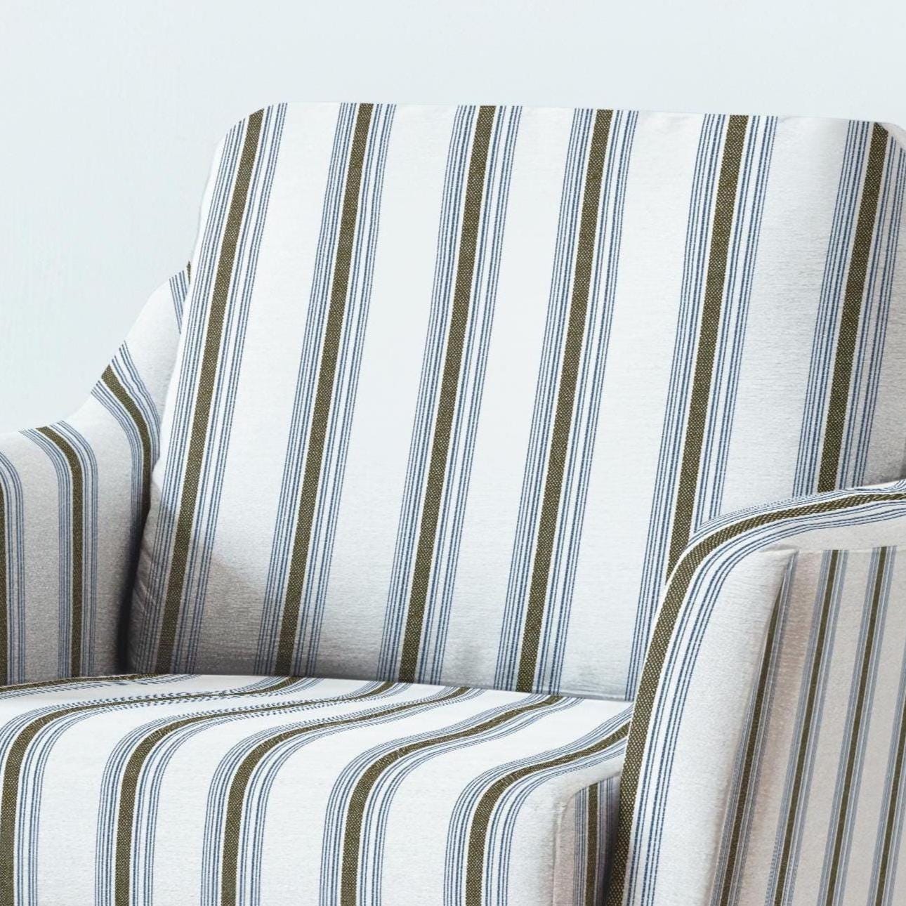 100% LINEN Fabric UPHOLSTERY 12oz - Belgian navy brown ticking stripe on white linen - Modern vintage Grandmillenial upholstery 2969