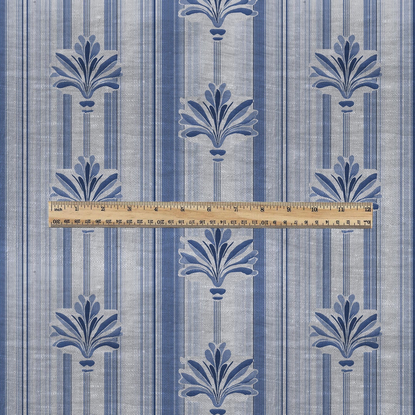 100% LINEN Fabric stripe fleur de lis blue print - botanical floral on oatmeal linen - modern vintage 3129