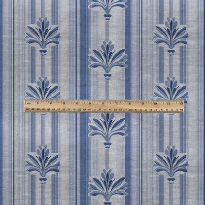 100% LINEN Fabric stripe fleur de lis blue print - botanical floral on oatmeal linen - modern vintage 3129