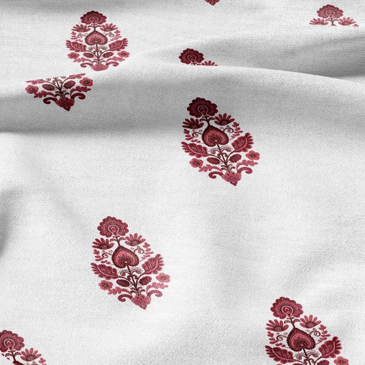 100% LINEN Fabric Block Pandanus flower print  red - floral upholstery home textile artisan fabrics green white 3046