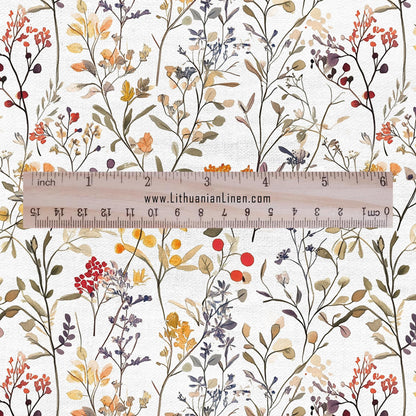 100% LINEN Fabric meadow flowers print - floral for upholstery home decor - medium for dress making 2352