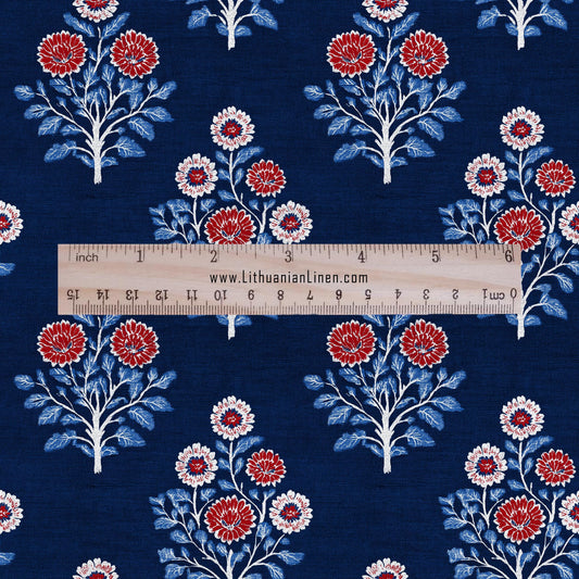 100% LINEN Fabric Champaka block print - indigo blue Indian floral linen heavy for upholstery home decor - medium for dress making 2809